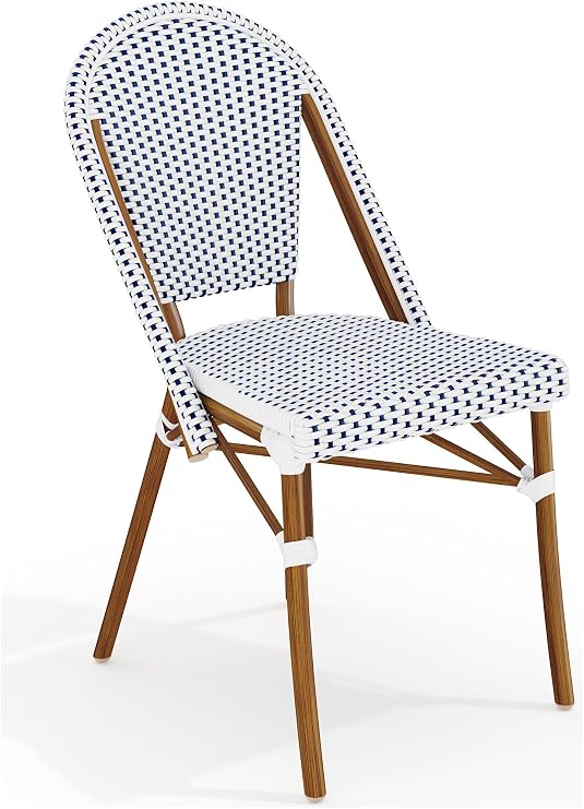Martha Stewart Lily Pond Indoor-Outdoor Stackable Aluminum Bistro Chair with Natural Woodgrain Frame Finish and White/Navy Woven Rattan Backrest and Seat