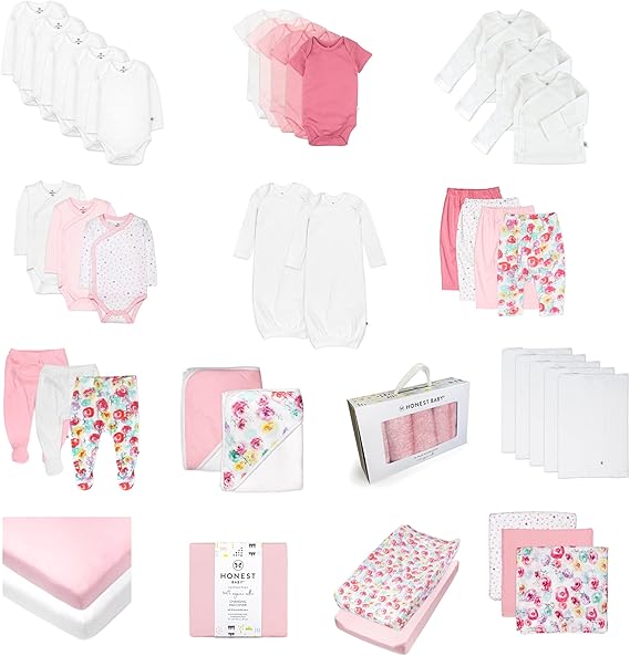 HonestBaby 50-Piece Oh Set Newborn Essentials Gift Box Organic Cotton for Infant Baby Boys, Girls, Unisex