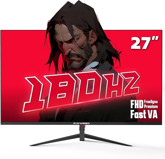 Raywego 27 Inch Gaming Monitor, 180Hz FHD 1080P, Fast VA, 4000:1 | Fast VA panel, 4000:1 contrast, 99% DCI-P3, Adaptive-Sync, HDMI/DP/USB, VESA 100x100, 3-side borderless