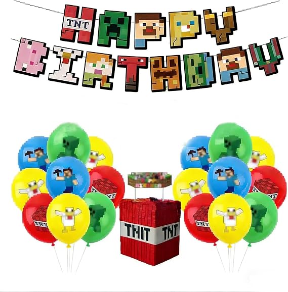 Miner Theme Party Decoration Set – Pixel Game Style Venue Setup Kit with Birthday Banner & Latex Balloons for Gaming Celebration & Home Backdrop Display