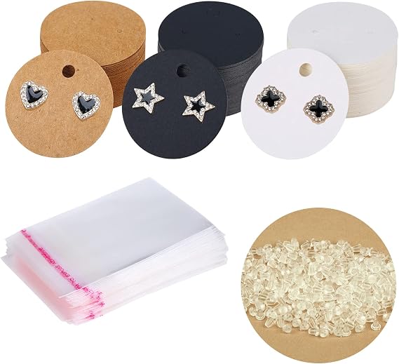 XXUOD 600 Pieces Display Cards Set, 150 Round Cardboard Earring Holder With 150 Self-Seal Bags and 300 Backs for Ear Studs - 3 Colors