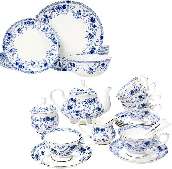 21-Pieces Bone China Tea Set for Adults and 12-Piece Bone China Dinnerware Set, Porcelain Dinnerware Set for 4