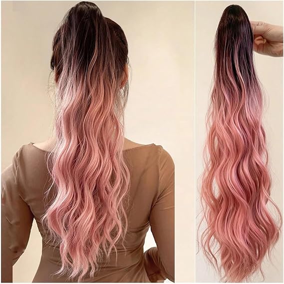 Long Wavy 24 Inch New Claw Ponytail Extension Hair Pony Tails Hair Extensions Bouncy Curls Multi Color Brown Option(Black Pink)