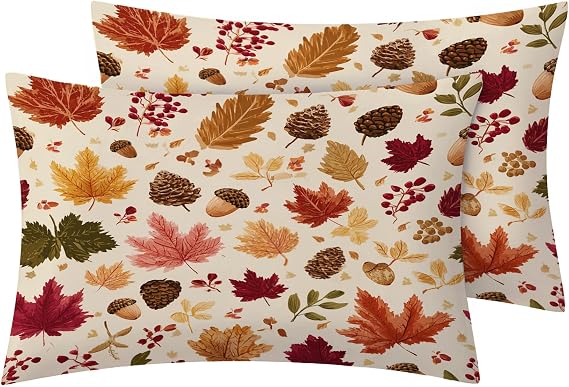 Autumn Leaves Thanksgiving Pillow Cases Queen Size Set of 2, Fall Pinecone Leaf Pillowcase for Bedroom Decor & Gift, Reversible Printed Decorative Bed Pillow Covers with Hidden Zipper