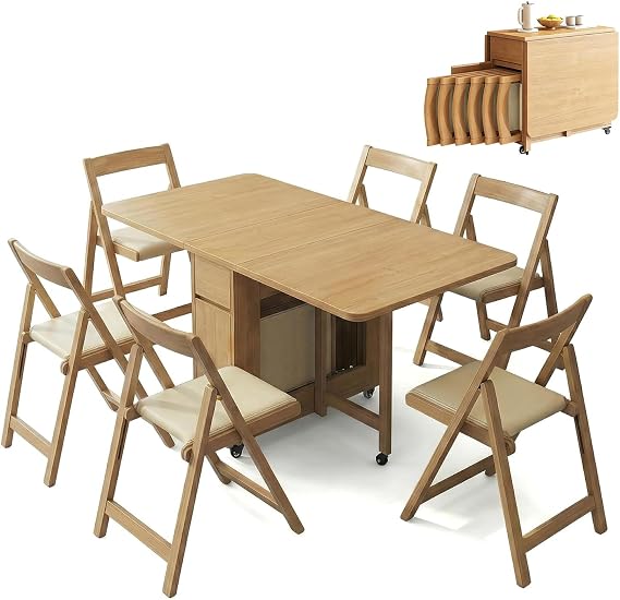 Folding Dining Table and Chairs Set, Extendable Solid Wood Drop Leaf Table