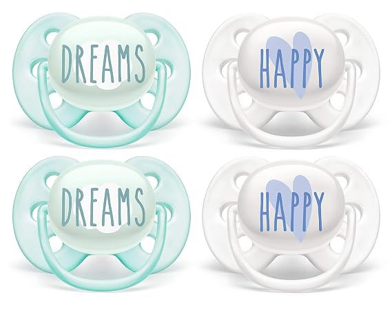 Philips AVENT Ultra Soft Pacifier 0-6 Months, Dreams and Happy Designs, 4 Pack, White/Green, SCF222/43