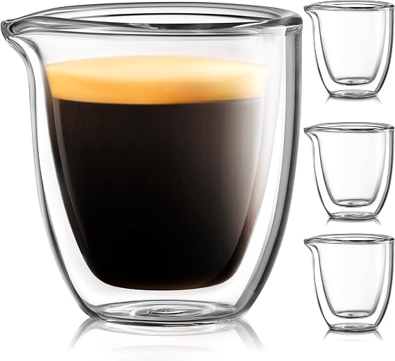 Pouring Espresso Cups Set of 4 - Glass Espresso Cup Shot Glass with Spout 2.7 OZ - Double Espresso Cups - Small Doppio Double Walled Clear Espresso Cup - Expresso Coffee Cup - Espresso Accessories