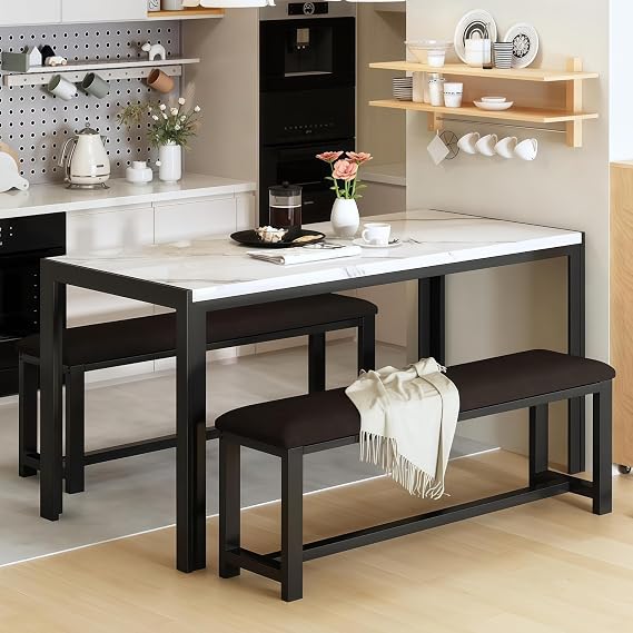 Dining Table Set for 4, Kitchen Table with 2 PU Leather Upholstered Bench, Faux Marble Dining Room Table with Bench for Small Space