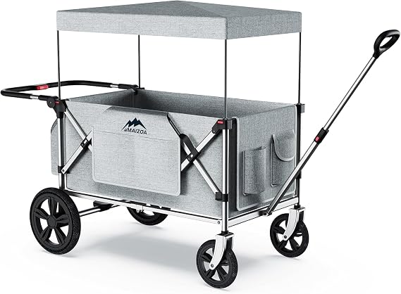Foldable Wagons for Kids & Cargo (2 Seater or 4 Seater) (Grey) | 5-Point Harnesses, Adjustable Push/Pull Handle, Removable Sun Canopy, One-Step Locking Design, Suitable for Family Travel