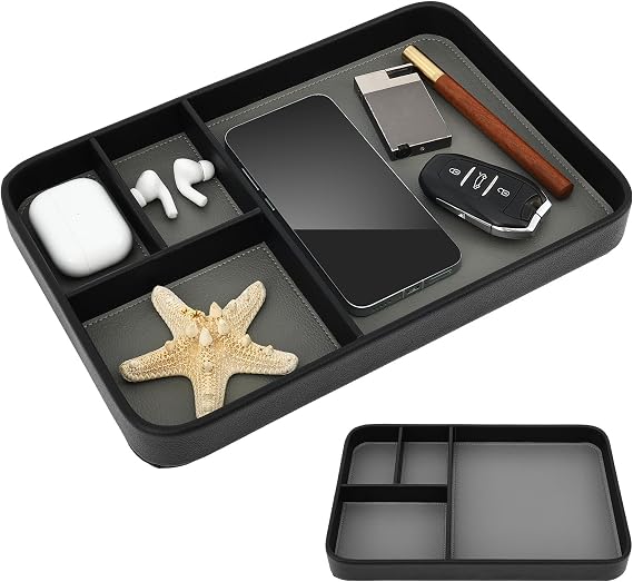 PU Leather Valet Tray 30x20x3cm, Nightstand Organizer Trays with 4 Compartments, Stylish Bedside Tray for Men, EDC Catchall Trays for Key, Mobile Phone, Watch, Wallet and Jewel(Black)