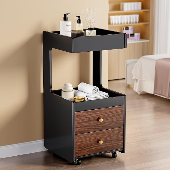 Salon Trolley Cart, Esthetician Cart with 2 Drawer & 2 Trays, 2 Lockable Wheels Hair Styling Station, Tool Organizer Storage Cabinet for Beauty Spa Barbershop, Black Walnut