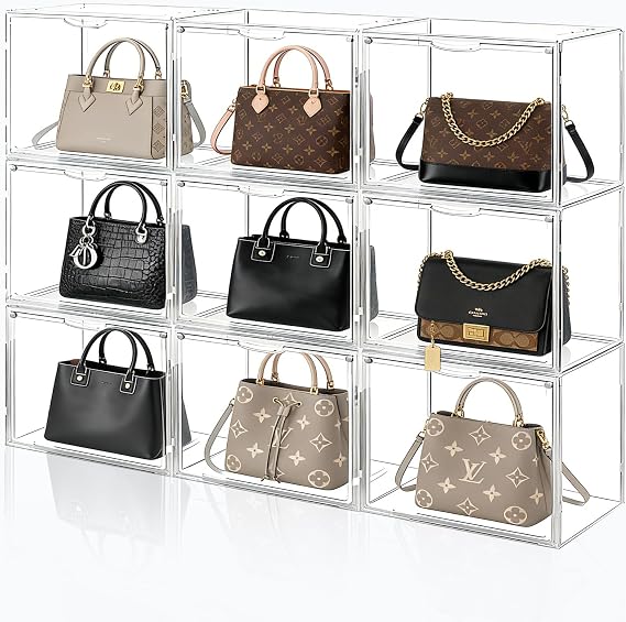 3 Pack Acrylic Purse Storage Organizer for Closet, Stackable | Clear handbag display case with Magnetic Doors, for Hats Books, and Collectibles