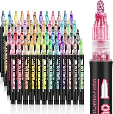 KINGMAS 48 Colors Outline Metallic Markers Pens, Double Line Pen, Magic Glitter Drawing Pens for Greeting Cards, Craft, Posters, Painting, DIY Sketching, Child Color Pen