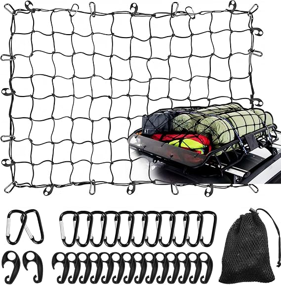 Heavy Duty Cargo Net for Pickup Truck Bed SUV Rack, 3' x 4' Stretches to 6' x 8', 4" x4" Mesh Grid, with Hooks, Metal Carabiners Storage Bag