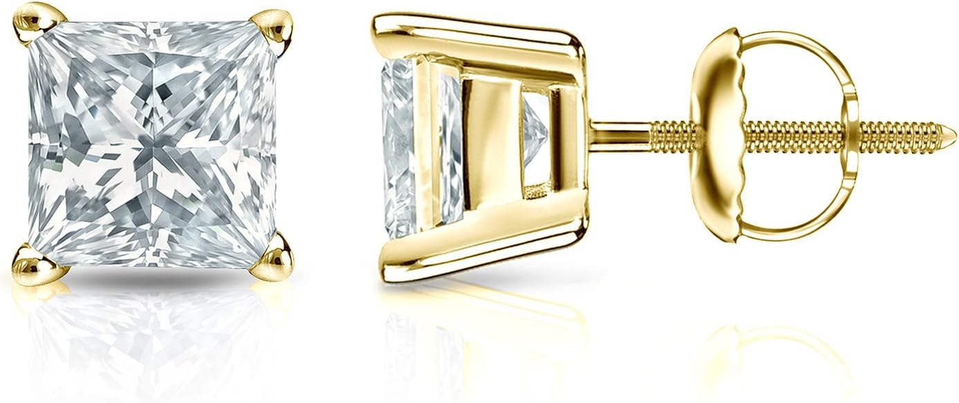 14k Gold Men's Princess-cut Diamond Stud Earrings (1/4-2cttw, H-I, I1-I2) 4-prong Basket with Screw-backs Diamond Wish