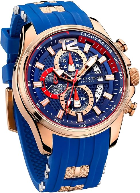 FEICE Mens Watch Fashion Quartz Analog Waches for Men Waterproof Chronograph Minimalist Sport Wristwatch Silicone Strap Silicone Strap FK037 Blue