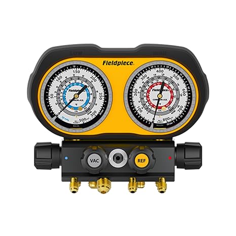 Fieldpiece GS422F 4-Port Analog Manifold Gauge Set | HVACR Refrigerant Manifold w/Sight Glass - Compatible with R22, R32, R454B, R410A - Swappable Hose Holders & High-Grip Knobs