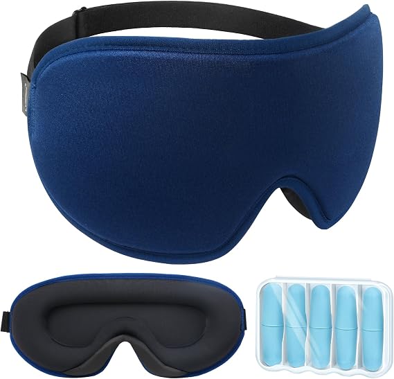 LYSIAN 3D Sleep Mask for Side Sleepers, Blackout Eye Mask with No Pressure on Eyes, Adjustable Comfortable Blindfold with 5 Pairs of Ear Plugs for Sleeping, Travel, Nap, Blue