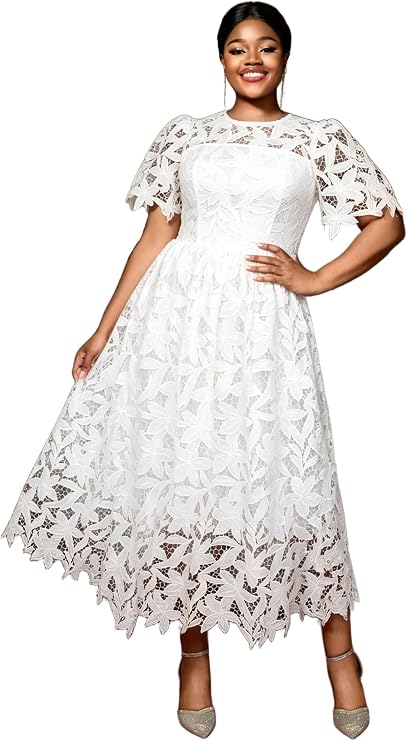 AOMEI Women's Hollow Out Lace Sleeve Floral Elegant A-Line Long Dress Cocktail Wedding