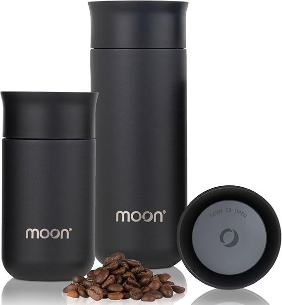 Moon 360° Insulated Travel Mugs, Leak Proof Reusable Coffee Cups - Pro Version for Performance & Easy Clean - Leakproof Flask for Hot & Cold Drinks - Fits Car Cup Holders, UK Company (500ml, Black)