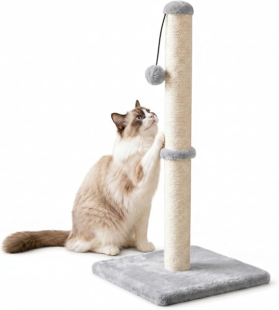 Dimaka 29" Tall Cat Scratching Post, Claw Scratcher Sisal Rope Covered Soft Smooth Plush, Vertical Scratch [Full Strectch], Modern Design 29 Inches Height (Grey)