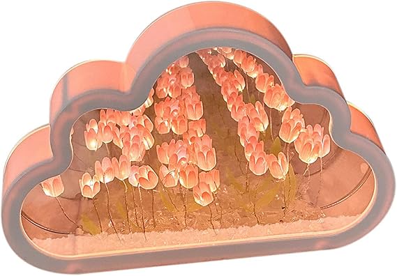 Tulip Lamp, Tulip Mirror Lamp Effect, Artificial Flower Table Light Bedroom Decoration Gifts for Women Girls Desk Table Decor, Cloud Shaped Design (20 Flower)