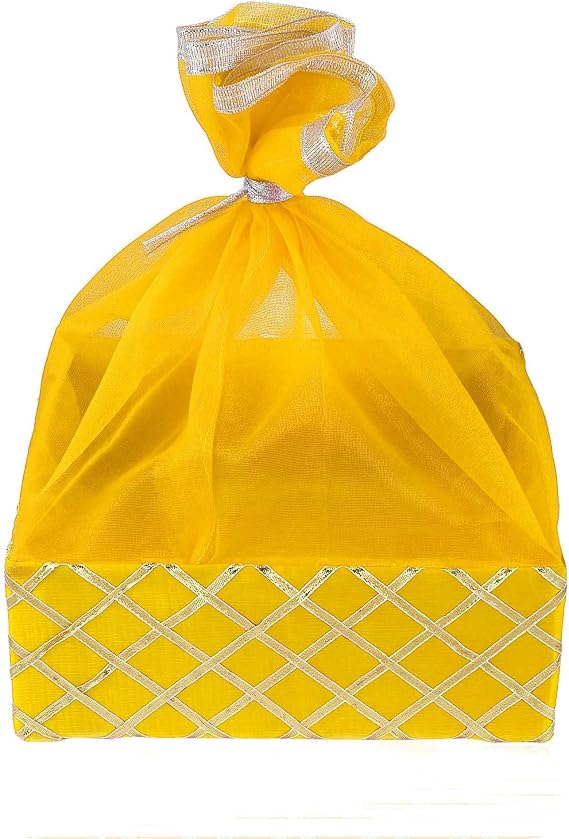 GROWNEX Treat Box for Celebrations - Handmade Hamper - Yellow Decorative Gift Basket - Wedding Return Gift Basket - Home Decor Gifting Baskets, Pack of 10 - Mesh Net Gifting Hamper - 8x8x3 Inches