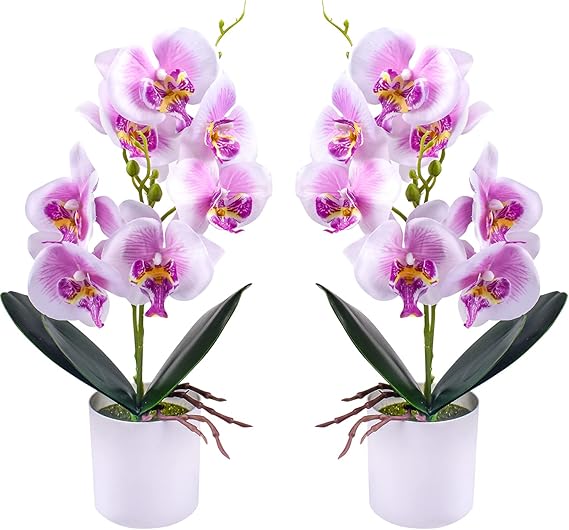 XONOR Artificial Orchid Flowers, 2 Pieces Potted Orchid Flowers with Plastic Vase for Table Centerpiece Home Decor Office Wedding Party Decoration