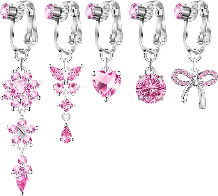 BSJ4U Fake Belly Button Piercing for Women Clip on Belly Button Rings Gold Plated Pink Round Heart Cubic Zirconia Butterfly Flower Bow Fake Belly Piercing Fake Belly Ring