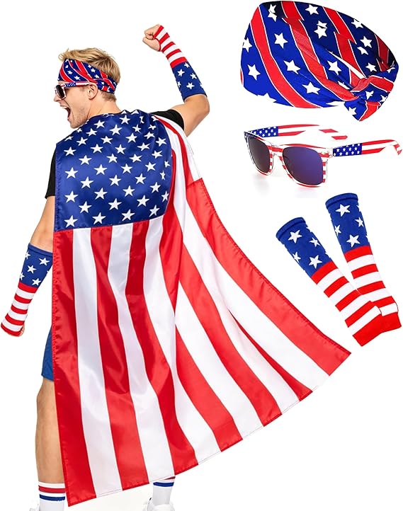 4Pcs American Flag Cape Costume, USA Patriotic Accessories USA Sports Cheering 4th of July Outfit & 250 Years Apparel