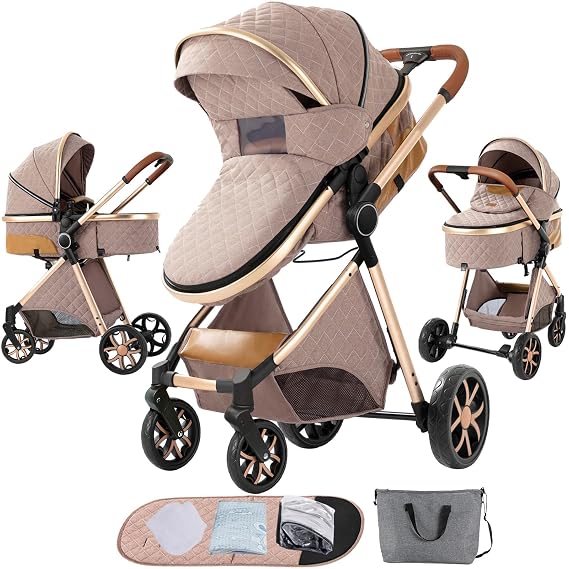 2 in 1 Baby Stroller, Convertible Newborn Travel Carriage, Reversible Infant Stroller, Toddler Standard Pram Carriage with One-Click Folding (225 Khaki)