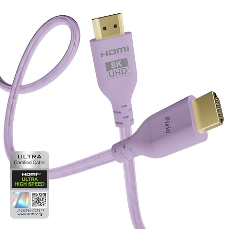 Pixio Purple 8K HDMI 2.1 Cable Ultra Certified Ultra High Speed 6FT 8K 60Hz 4K 120Hz Nylon Braided, Gold Plated Connector, Anti-Breakage, HDR10+, dtsx, eARC, HDCP, Dolby Compatible