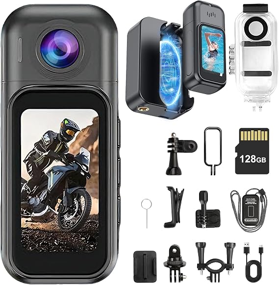 OBEST Mini Body Camera 128GB, 1080P Thumb Size Action Camera with 1.5inch LCD Touch Screen & Charging Case, Hands-Free POV Recording, Wearable Portable Camcorder for Work Travel Vlog Swim