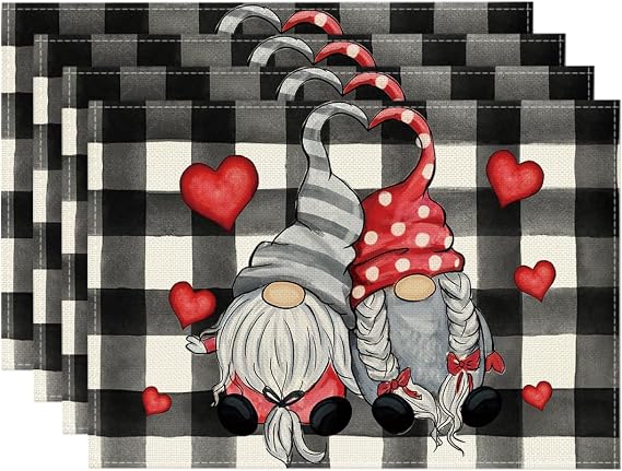 Artoid Mode Buffalo Plaid Hearts Gnomes Love Valentine Placemats Set of 4, 12x18 Inch Anniversary Wedding Holiday Table Mats for Party Kitchen Dining Decoration
