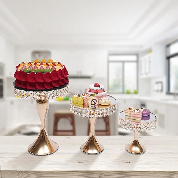 3 PCS Gold Cake Stand Set for Party, Crystal Cake Stand Cupcake Holder Stand Dessert Pastry Candy Display Plate for Birthday Parties, Weddings, Baby Shower