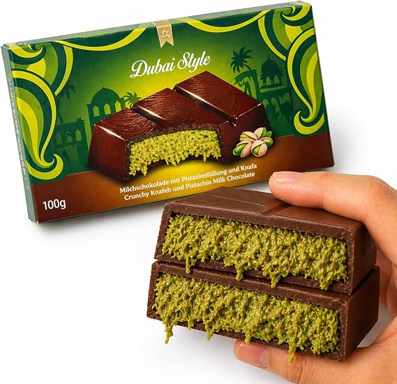 Dubai Chocolate Bar Pistachio – 100g Kunafa Bar with Pistachio Cream Filling Milk Chocolate Bar Middle Eastern Dessert Best Gifts for Family & Friends