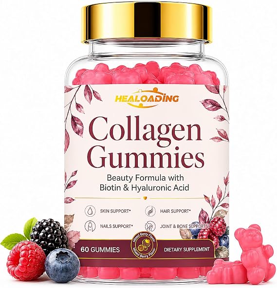 Collagen Gummies with Biotin & Vitamin C, Hydrolyzed Collagen Peptides, Strawberry Flavor Beauty Support Gummies, Pectin-Based, 60 Count