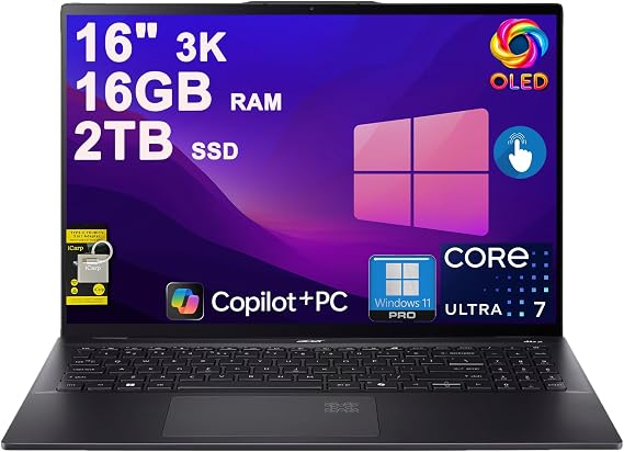 Acer Swift 16 AI Laptop 16" 3k OLED 120Hz Touch (100% DCI-P3) Intel 8-core Ultra 7 256V (Up to 47 Tops) 16GB RAM 2TB SSD Backlit Fingerprint for Designer Business Work Win11Pro ICP Hub