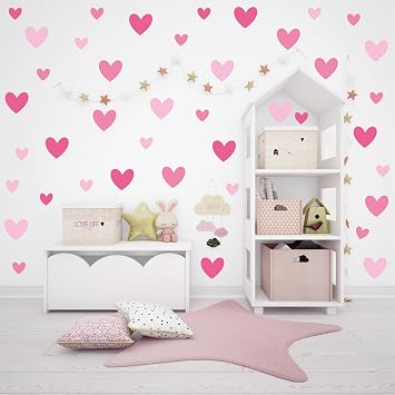 170pcs Pink Heart Wall Decals - Premium Matte PVC Reusable Wall Stickers for Living Room Bedroom Kids Toddler Girls Room Nursery, 10 Sheets Romantic Cute Wall Murals for Home Decor DIY Art
