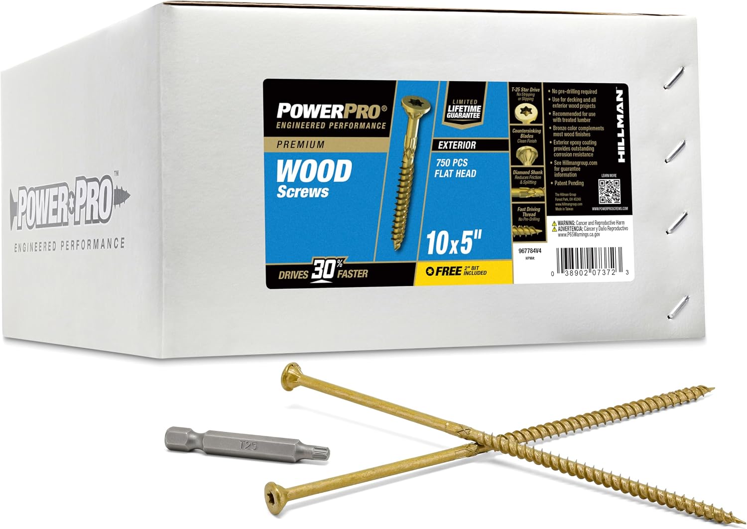 Power Pro Premium Exterior Wood Screws, #10 x 5 Inch All-Purpose Deck Screws for Outdoor Projects, T-25 Star Bit Included, Bronze, 750 Pieces | 967784