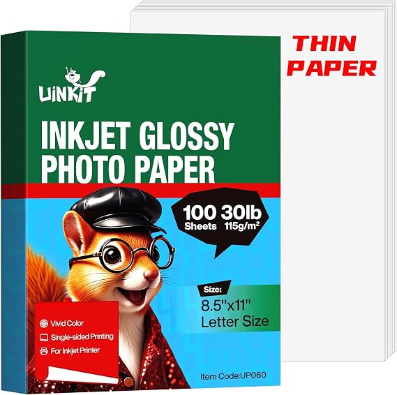 Uinkit 30lb Thin Glossy Inkjet Photo Paper, 8.5x11, 100 Sheets, 115gsm | Single-sided, watermark-free paper for DIY chip bags, flyers, brochures, party favors, candy wrappers, and presentations.