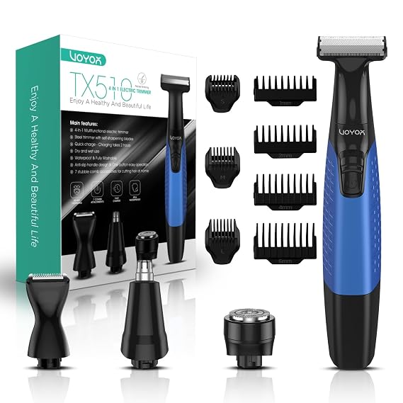 VOYOR Beard Trimmer for Men, Electric Razor, No Pain, Full Body Grooming, Face & Body Hair Trimmer, Adjustable Length Combs, All-in-1 Rechargeable Mens Grooming Kit, Cordless, Wet/Dry, TX510 (Blue)