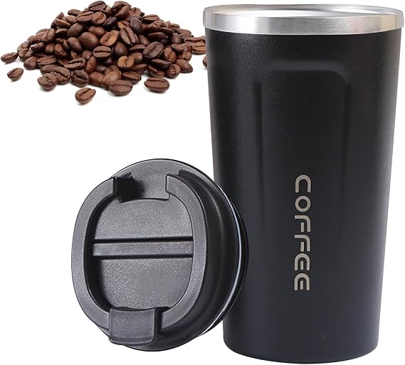 Stainless Steel Thermal Mug, Double Wall Travel Mug Coffee Cup Drinks Vacuum Insulated Flask for Cold Hot Coffee, with Leakproof Lid(Black/500ML)