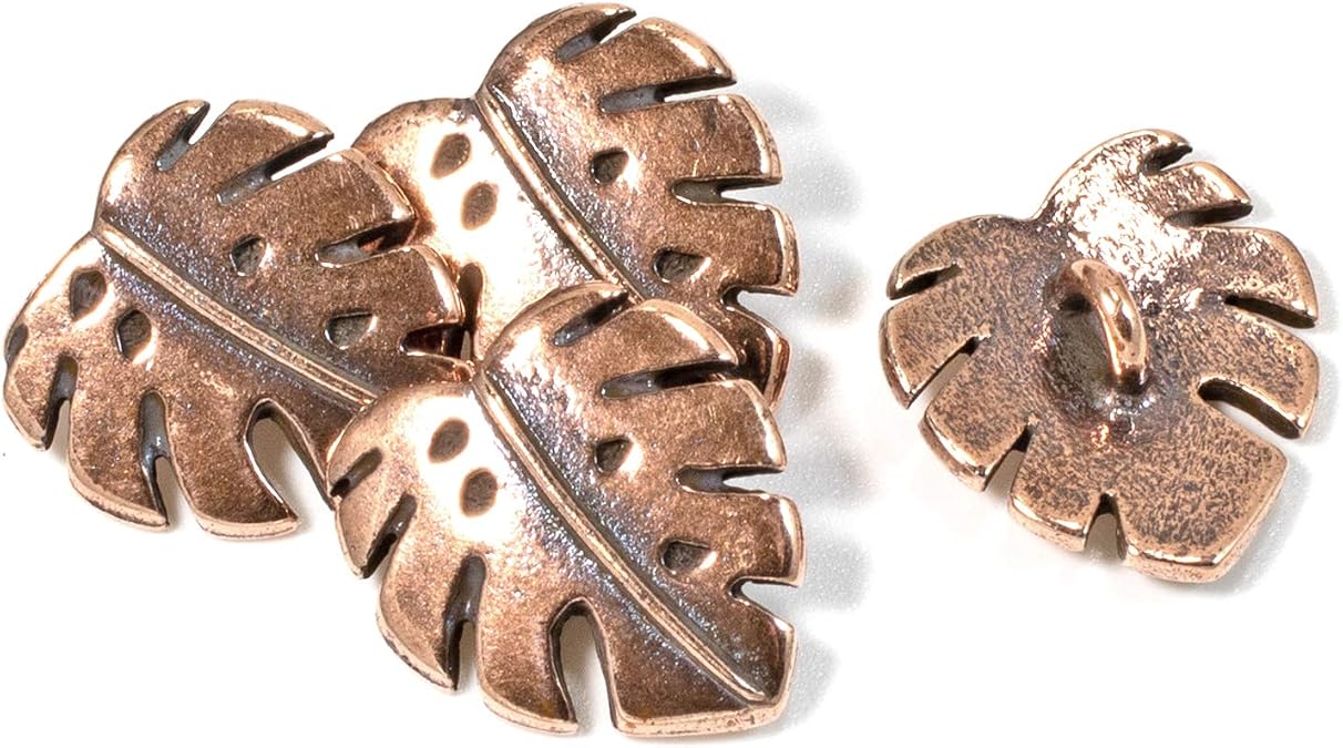 TierraCast Copper Monstera Leaf Buttons, Leather Clasp + Shank Back 4/Pkg