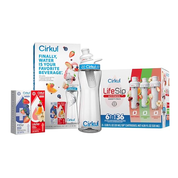 Cirkul Big Kid Bundle - 22oz. Plastic Water Bottle Starter Kit with Blue Lid, 2 Flavor Cartridges and LifeSip Flavor Cartridge Variety Pack with B vitamins, 6-Pack Zero Sugar Drink Mix
