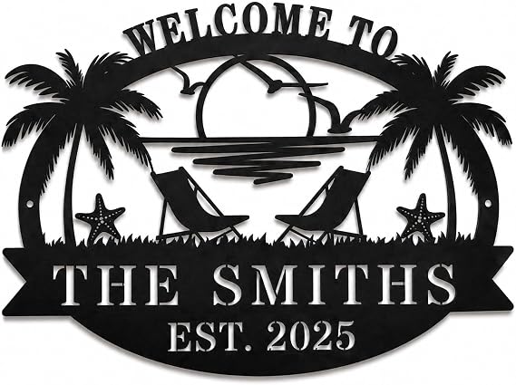 Custom Metal Coastal Beach House Welcome Sign, Personalized Patio and Pool Sign, Ocean Room Wall Art, Outdoor Coastal Decor