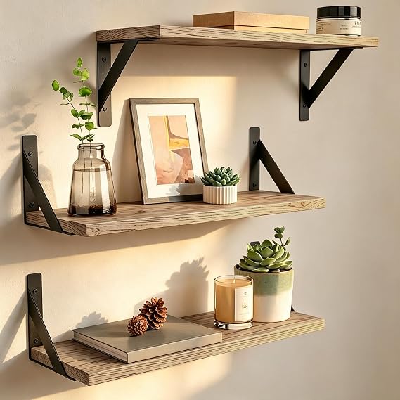 Wooden Shelves for Wall Mounted, 3 Pack 40cm Wall Shelf, Rustic Shelves