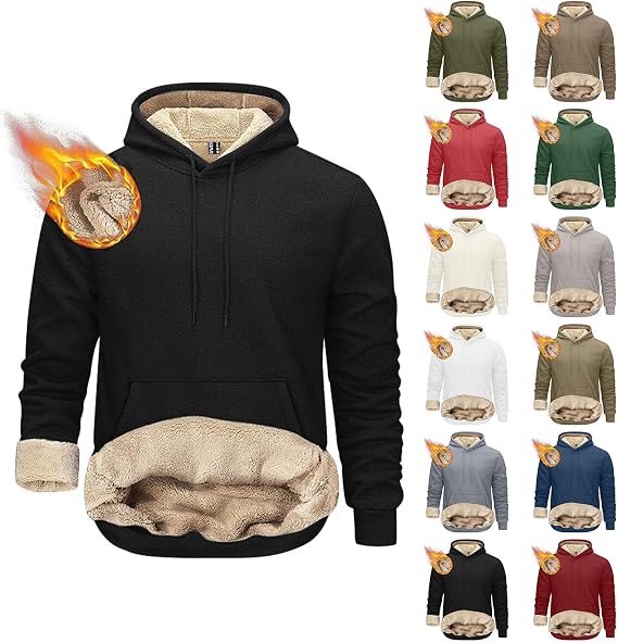 Fleece Lined Hoodie Men Heavy Weight Thick Fleece Coats Casual Fuzzy Hooded Jacket Winter Warm Athletic Sweatshirts