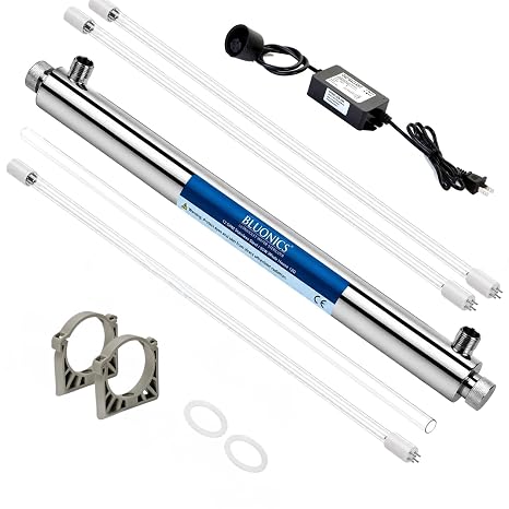 Whole House UV Water Filter System 12 GPM 55W Stainless Steel UV Light System LED Indicator & Audible Alarm for Well & City Water Includes 2 Extra Bulbs Bluonics