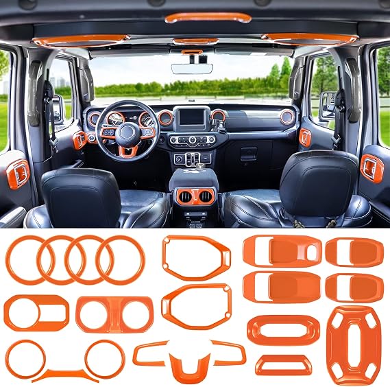 LAIKOU 21PCS Full Set Interior Decoration Trim Kit fit for Jeep Wrangler JL JLU 2018-2023 & Gladiator JT | Air Conditioning Vent Door Handle Speaker Light Headlight Switch Cover (Orange)